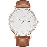 BUREI Men Watches Brown Leather Fashion Minimalist Wrist Watch Simple Ultra Thin Waterproof Quartz Watches All Black Stainless Steel Mesh Band,Gift for Men Women