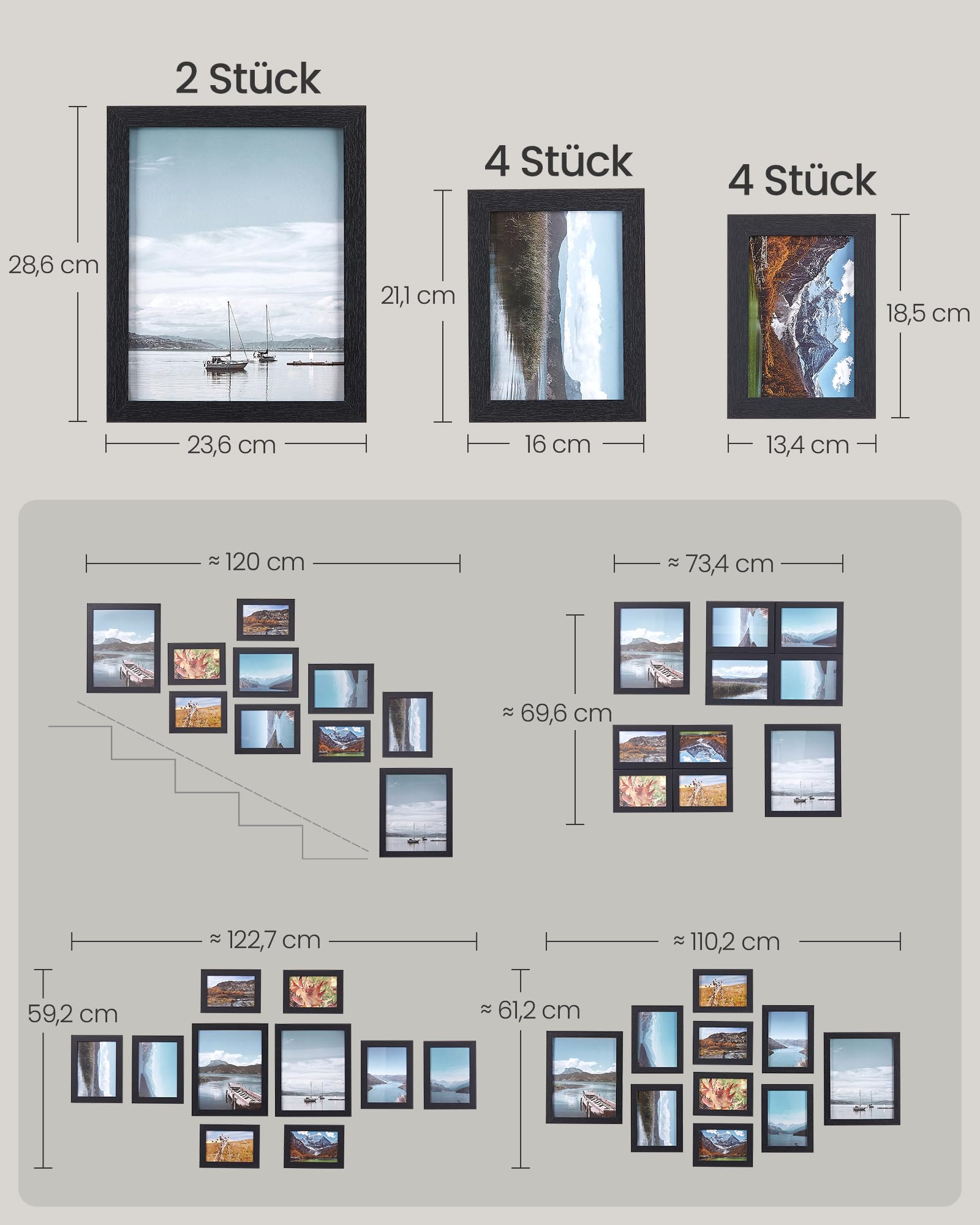 SONGMICS Bilderrahmen 10er Set, für 2 Fotos in 20 x 25 cm, 4 Fotos in 13 x 18 cm, 4 Fotos in 10 x 15 cm, Kunststoffscheibe, MDF, tintenschwarz RPF310H 5
