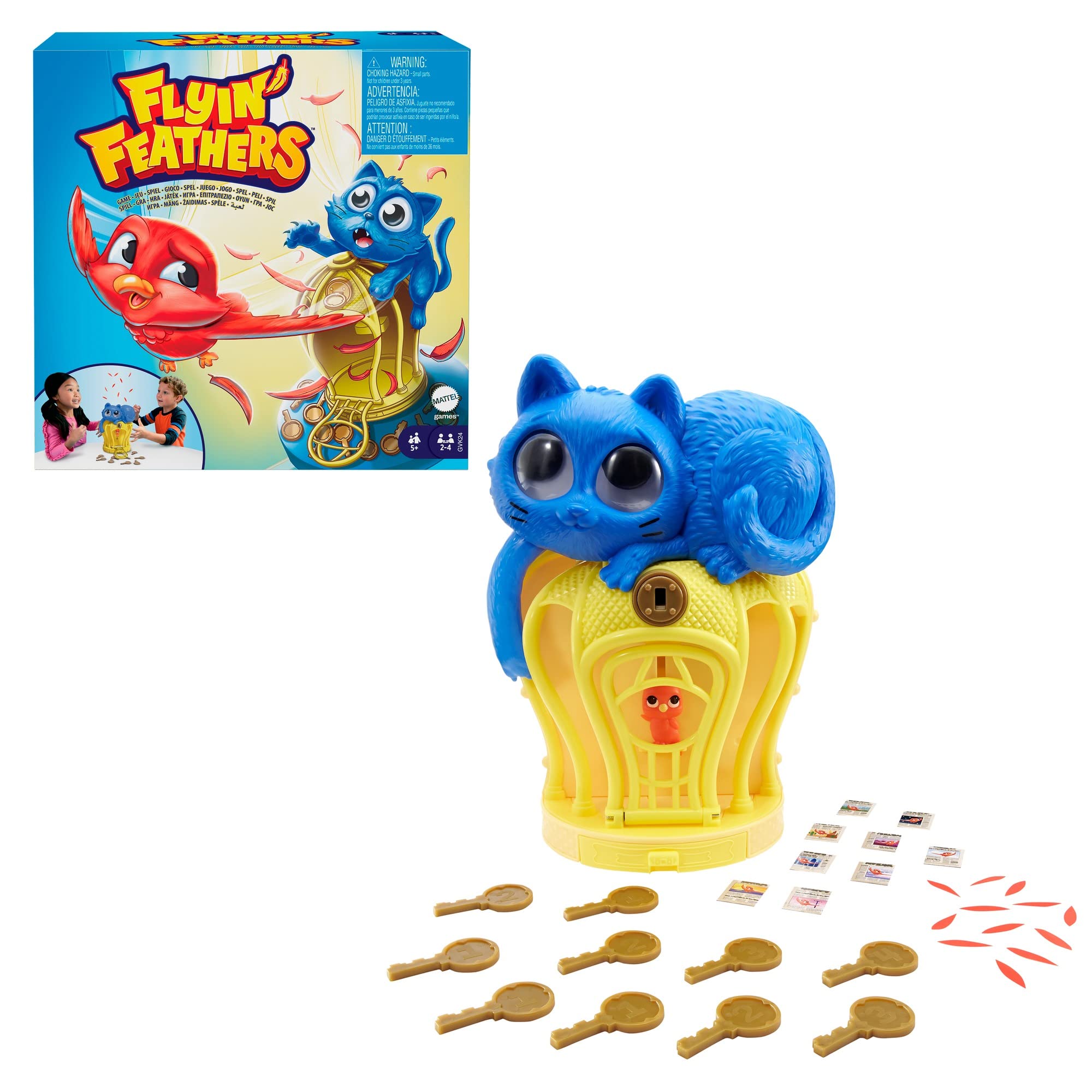 Mattel Games Flyin Feathers Kids Game with Toy Cat & Bird in Birdcage, 2 to 4 Players, Kids Gift Ages 5 Years & Older