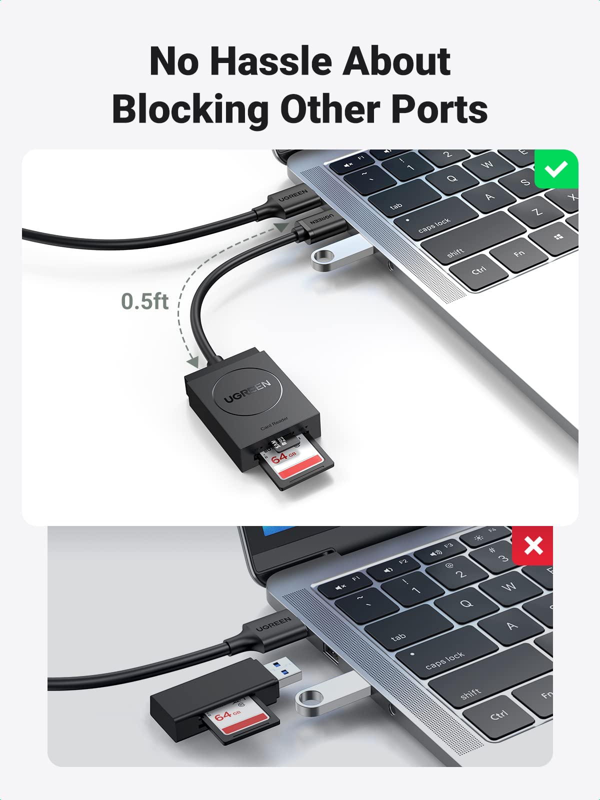 UGREEN SD Card Reader USB 3.0 Dual Slot Flash Memory Card Reader TF SD Micro SD SDXC SDHC MMC RS-MMC Micro SDXC Micro SDHC UHS-I for Mac Windows Linux Chrome Read 2 Cards Simultaneously