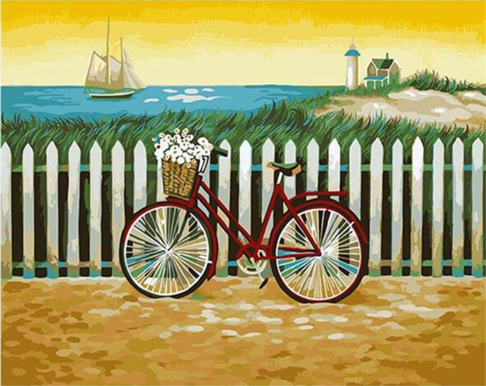 ABEUTY DIY Paint by Numbers for Adults Beginner - Seaside Bicycle Lighthouse Boat 16x20 inches Number Painting (No Frame)