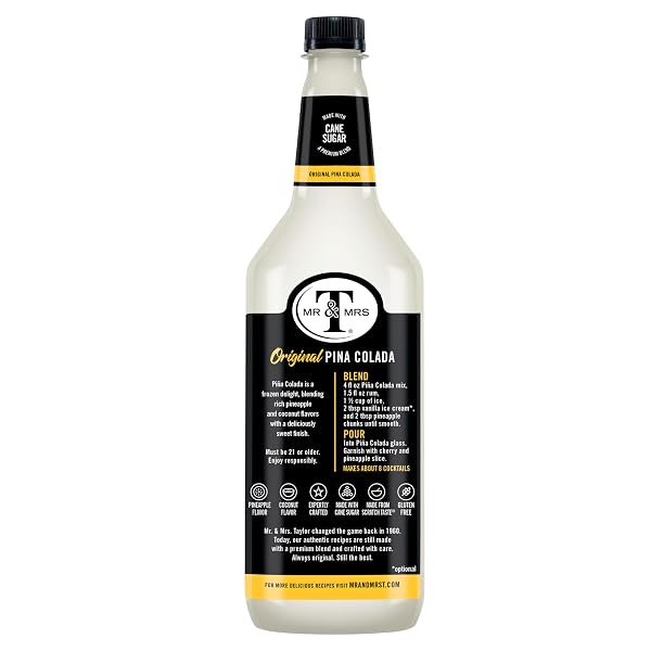 MR & MRS T PINA COLADA MIX, 1 L BOTTLE (PACK OF 6), PINEAPPLE AND COCONUT BLEND FLAVORED COCKTAIL MIXER, MADE WITH CANE SUGAR, PERFECT FOR TRADITIONAL PINA COLADA AND MOCKTAIL DRINKS