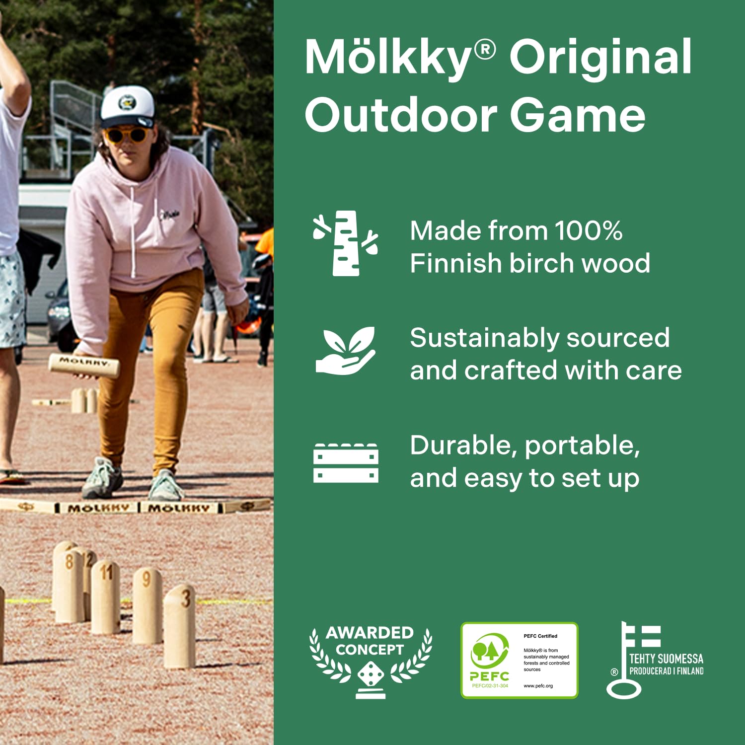 Mölkky Original - Wooden Throwing Games for Outdoor, Yard, Garden, Picnic, Beach, Leisure, Party - Birch Wood 12 Skittles, 1 Stick, Molkky Yard Game Set for Family, Groups, 2+ Players, 6+ Age