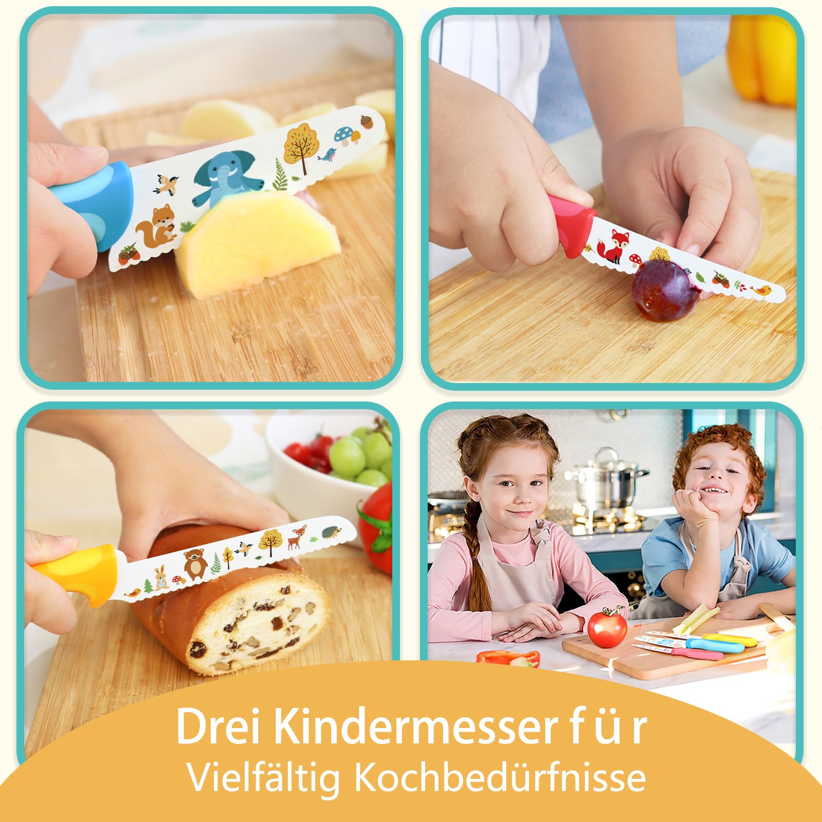 Kibbidea 4 teiliges Kindermesser Set, Sicherheit, Edelstahlklinge, Wellenschliff, Kinder Küchenmesser, Schneiden Lernen zum Schneiden von Obst oder Gemüse, Kinder Messer ab 3 jahre 4