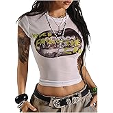 SOLY HUX Women's Graphic Crop Tops Y2k Mesh Sheer Tees Cap Sleeve Fitted T Shirt Vintage Streetwear