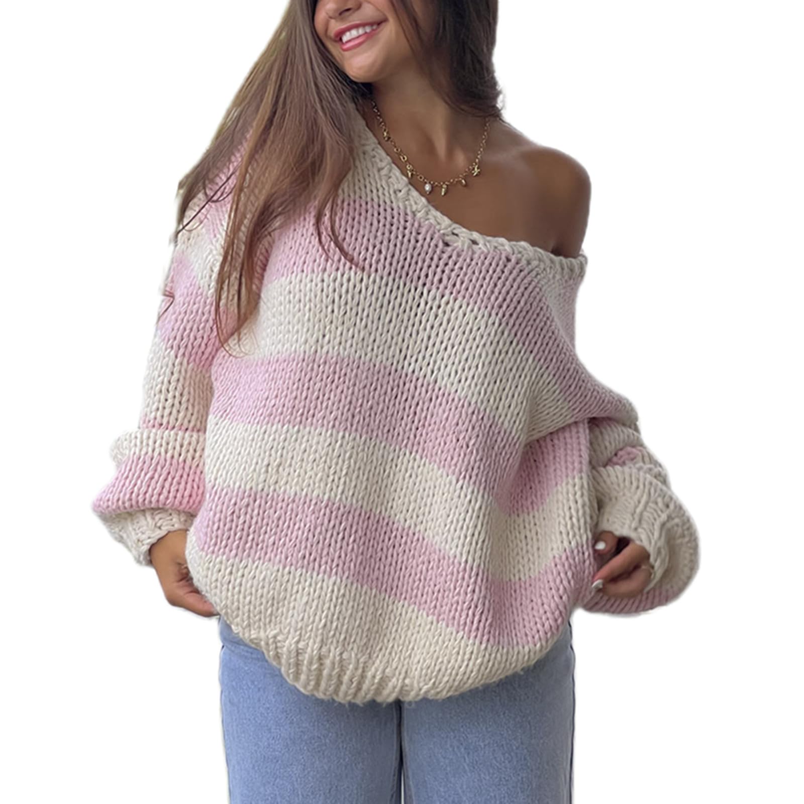 Photo 1 of **Similar item**
Women Fall Vintage Striped Sweater Long Sleeve Chunky Knit Pullover Tops Y2k Oversized Jumper for Teen Girls(Stripe Pink,M)