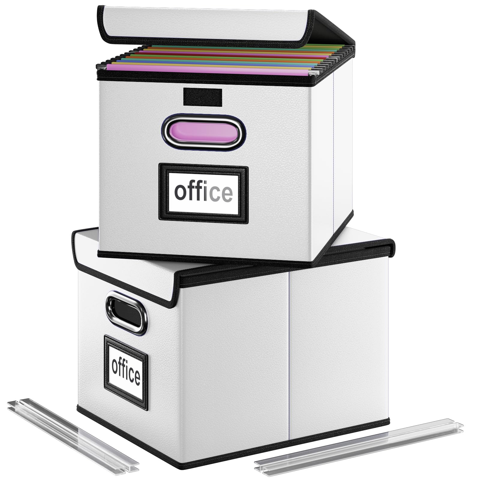 Photo 1 of Huolewa Portable Leather File Organizer Boxes with Lids, Collapsible File Folder Organizer Boxes, Decorative Small Filing File Cabinet for Home/Office, Easily Store Documents/Hanging File Folders