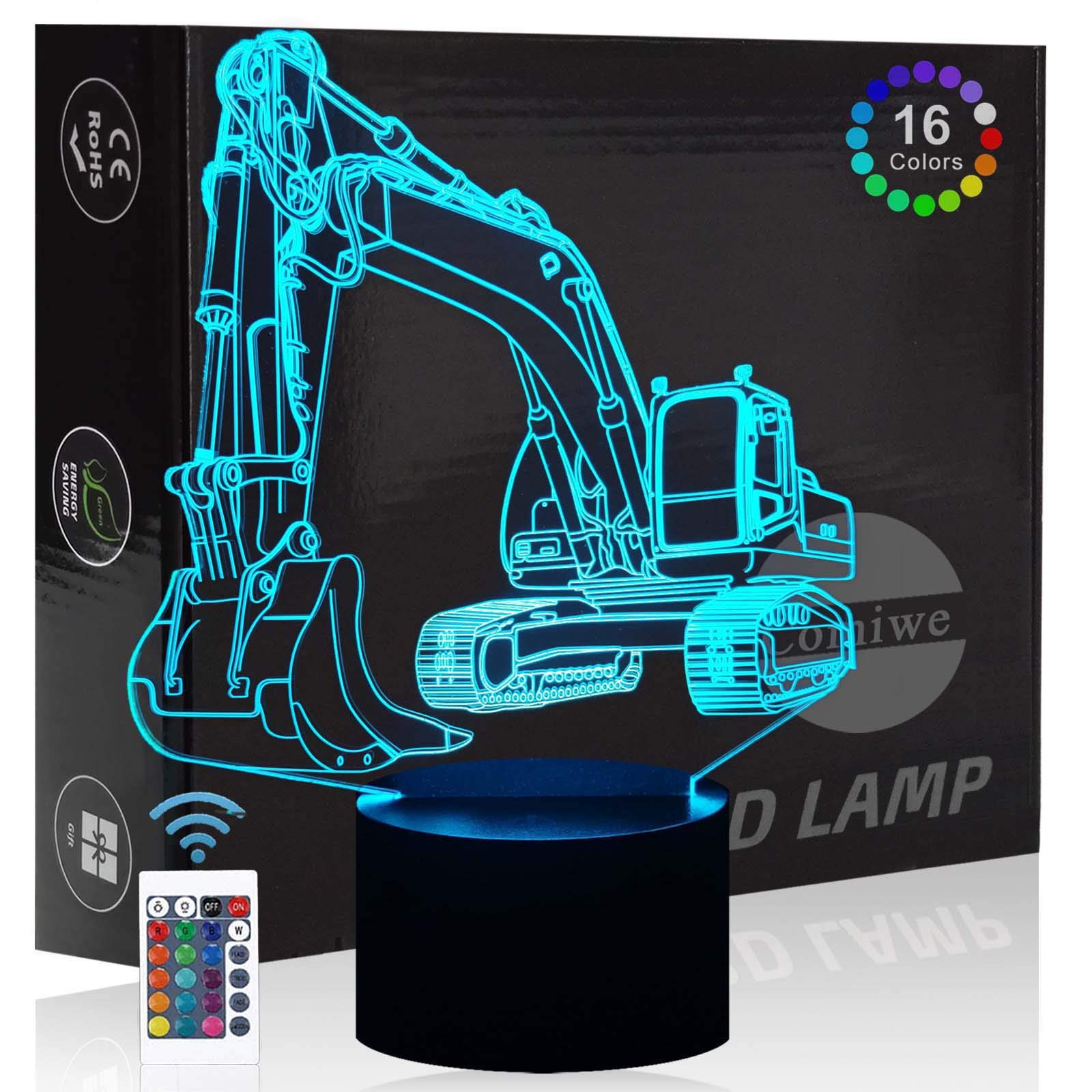 Comiwe Excavator 3D Illusion Night Light Toys,16 Colours Change Smart Touch & Remote Control,Home Decor LED Bedside Table Desk Lamp,Christmas Birthday Gift for Girls Boys Kids Adults Friends & Family