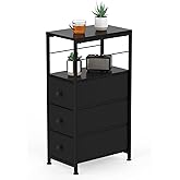 YBING Narrow Dresser, Side Table with 3 Fabric Drawers, Slim Dresser with Open Shelves, Slim Bedside Table for Bedroom, Small Spaces, Black