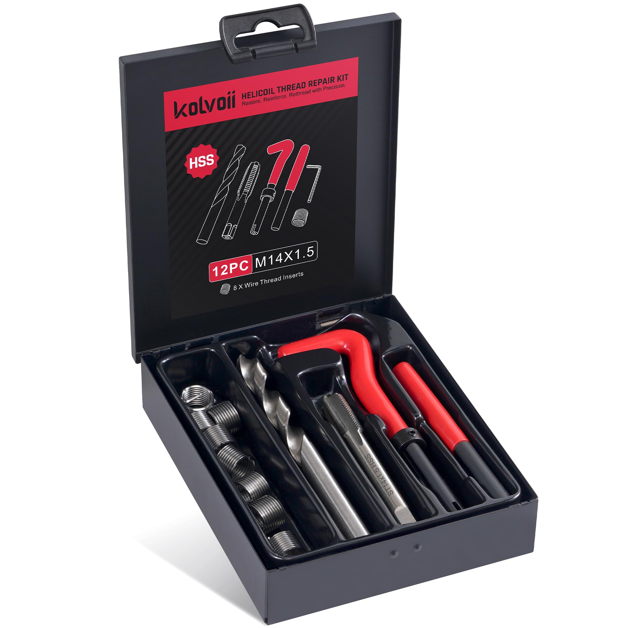 Photo 1 of Kolvoii M14X1.5 Thread Repair Kit, Metric Helicoil Kit with HSS Drill Bit, Thread Inserts, Tap & Break-Off Tool, Complete Rethreading Set with Carry Case
