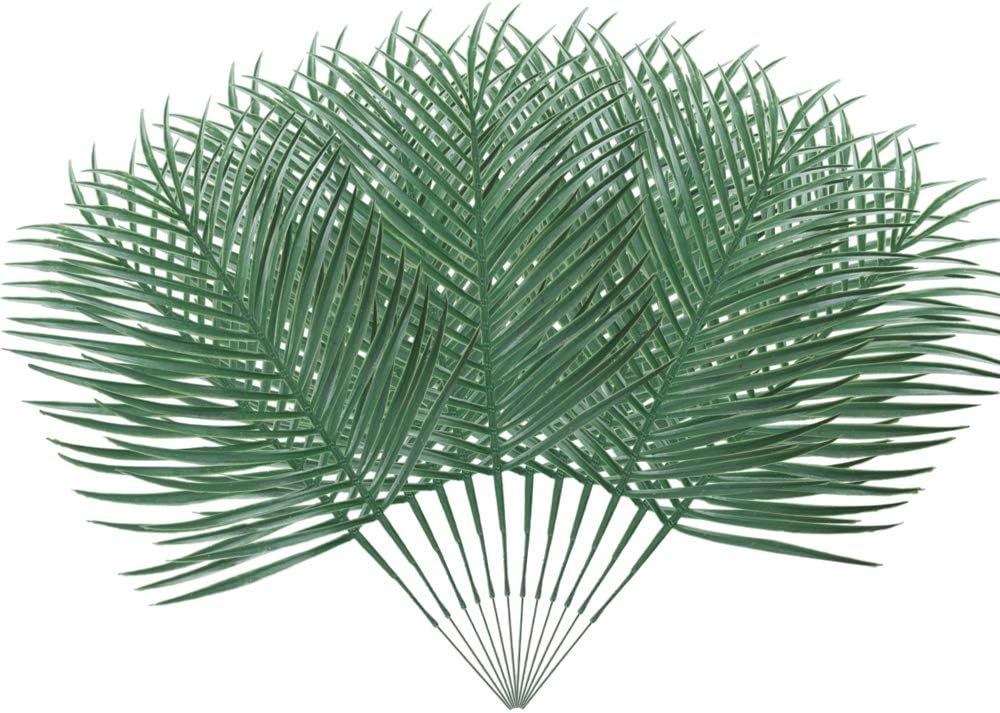 MHMJON 12pcs Artificial Palm Fronds Leaves Large Fake Tropical Plant Leaf Branches Faux Imitation Ferns Green Greenery Hawaiian Luau Wedding Table Centerpiece Indoor Outdoor Decoration 19.5 Inches