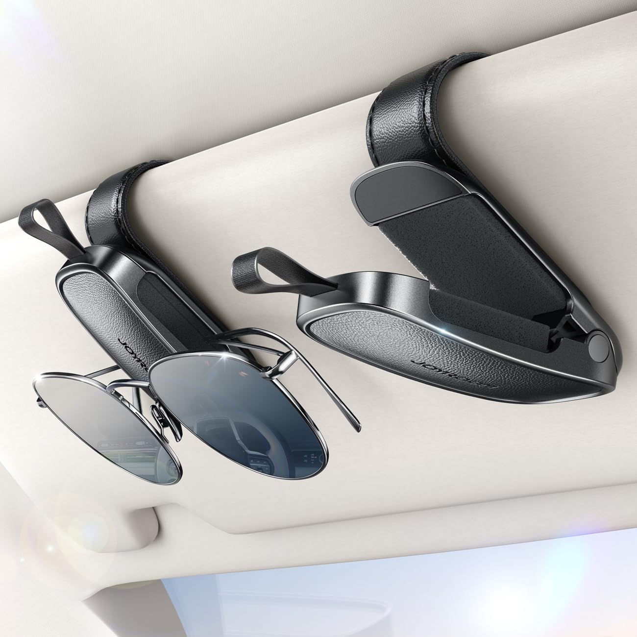 Photo 1 of JOYROOM One-Handed-Operation Sunglass Holder for Car, Magnetic Leather Sunglasses Holder, Car Visor Accessories, 2 Packs (Black)
