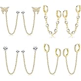 THUNARAZ 4 Pairs Trendy Chain Earrings for Women 14K Gold Plated Double Piercing Butterfly Dangle Hoop Earrings Sparkled CZ Chain Hoop Cartilage Studs Earrings Set