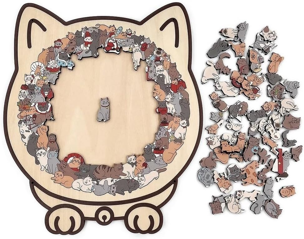 Photo 1 of 135-Piece Mailard/Macaron/Wooden/Morandi-Colored Cat Shaped Wooden Jigsaw Puzzle for Adults, Cute Animal Cats Decorative with Adorable Cats Outlines Framed and Acrylic Cover, Home Decor & Gift