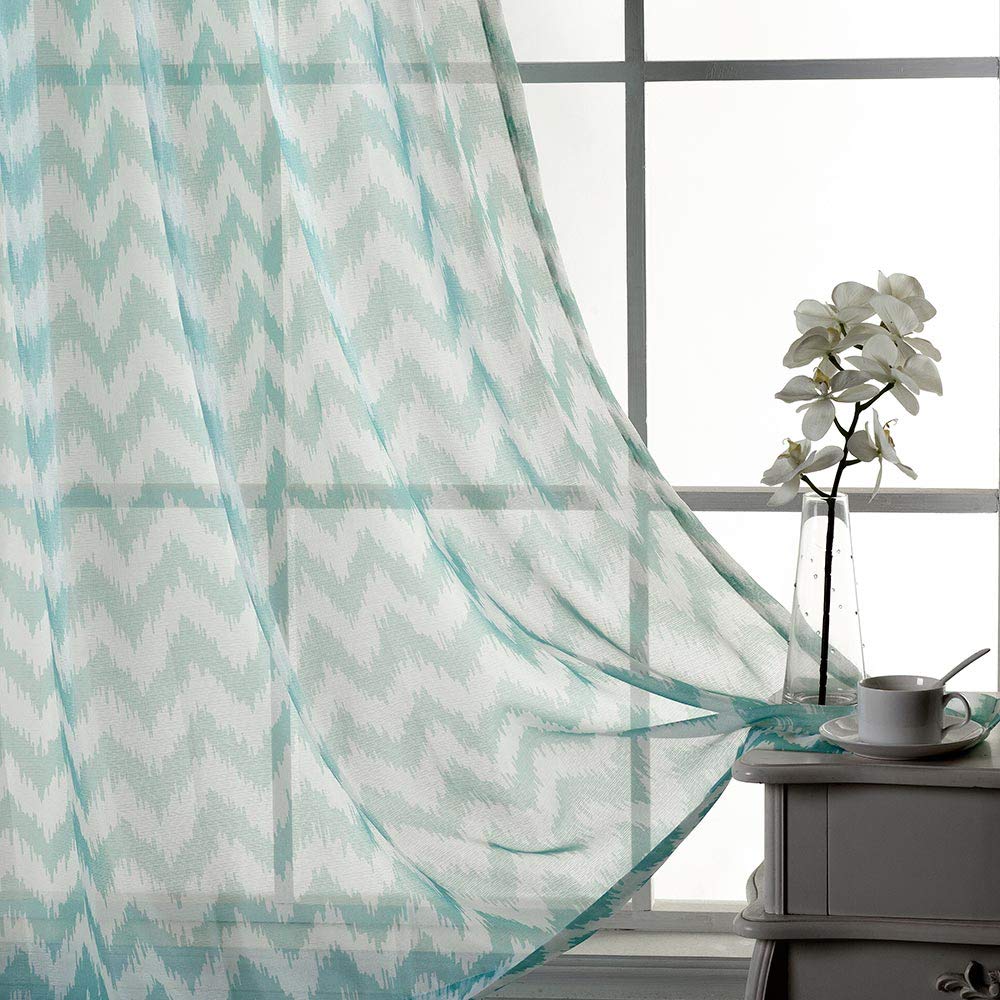 North Hills Aqua Blue Semi Sheer Curtains For Bedroom Wave Printed Chevron Curtain Sheer Voile For Living Room Aqua Blue 50 Wide X 96 Inch Long 1