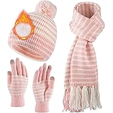 Bodvera Winter Beanie Hat Scarf Gloves Set for Women Warm Fleece Knit Pompom Hat Long Scarf Touchscreen Gloves Winter Sets