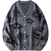 WDIRARA Men's Eye Graphic Cardigan Sweaters Goth Punk Button Down V Neck Long Sleeve Knit Outerwear