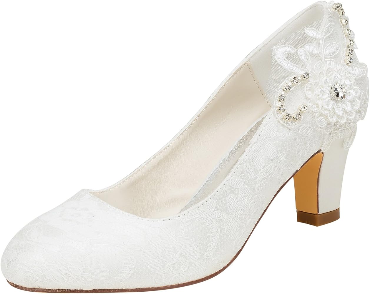 Amazon Com Emily Bridal 1505 1c Women S Wedding Shoes Closed Toe 2 56 Inches Chunky Heel Lace Satin Pumps With Rhinestone Lace Flower Bridal Shoes Eu35 5 B M Us Ivory Shoes