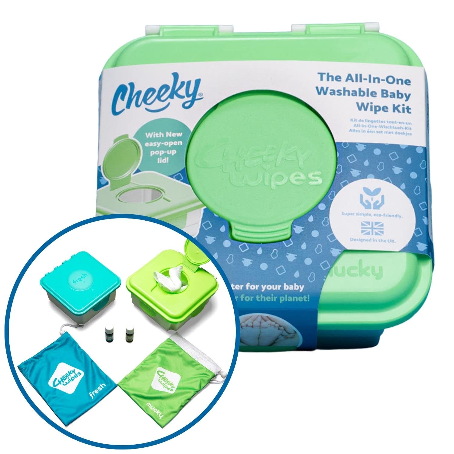Reusable Baby Wipe Kit - 25 WHITE COTTON PREMIUM Cloth Wipes, 15x15cm with Fresh soaking box, Mucky soaking box & Fresh and Mucky essential oil soaking solutions, 10ml (Lav & Cham, Teatree & Teatree Lemon)