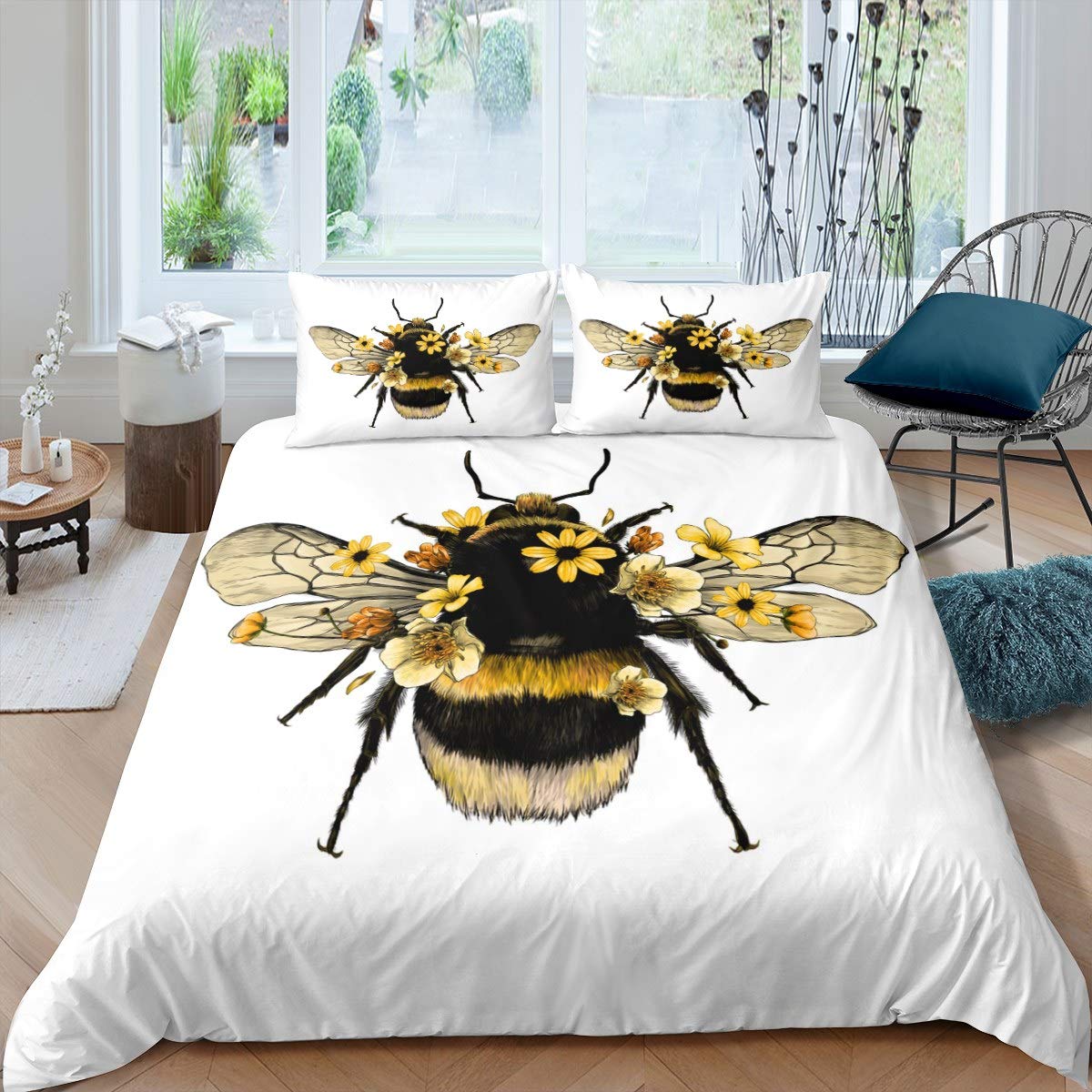 Cute Bee Comforter Cover Set for Kids Boys Girls Social Insects Print Duvet Cover Blossom Flowers Bedding Set 3D Bee Printed Quilt Cover,Room Decor 3Pcs Bedding King Size