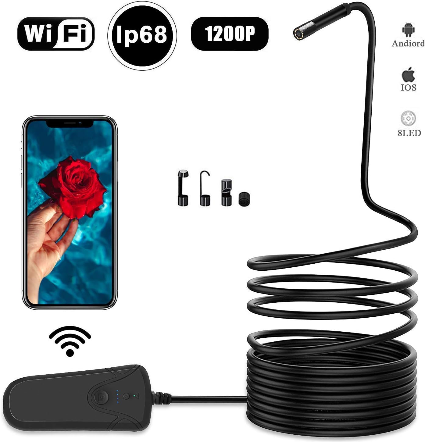 Fancellent Wireless Endoscope WiFi Borescope 1200P HD Inspection Camera with 2.0 Megapixels HD Snake Camera for iPhone iOS and Android Smartphone, Tablet, MacBook, Computer-11.48ft