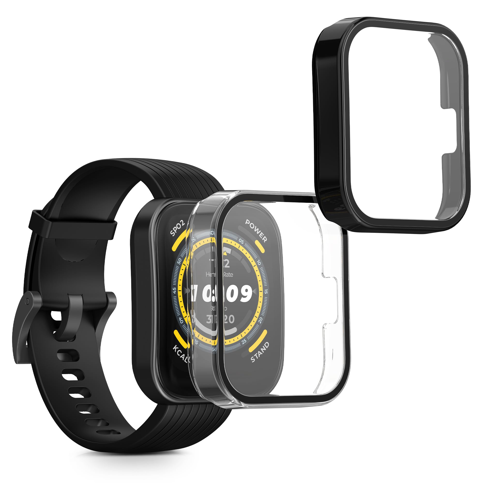 kwmobile 2 Cover with Screen Protector for 22mm Amazfit Bip 6 / Bip 5 Unity/Bip 5 / GTS 3 / Balance 2 / Helio Strap Case - Tempered Glass with Plastic Frame Covers - Transparent/Black