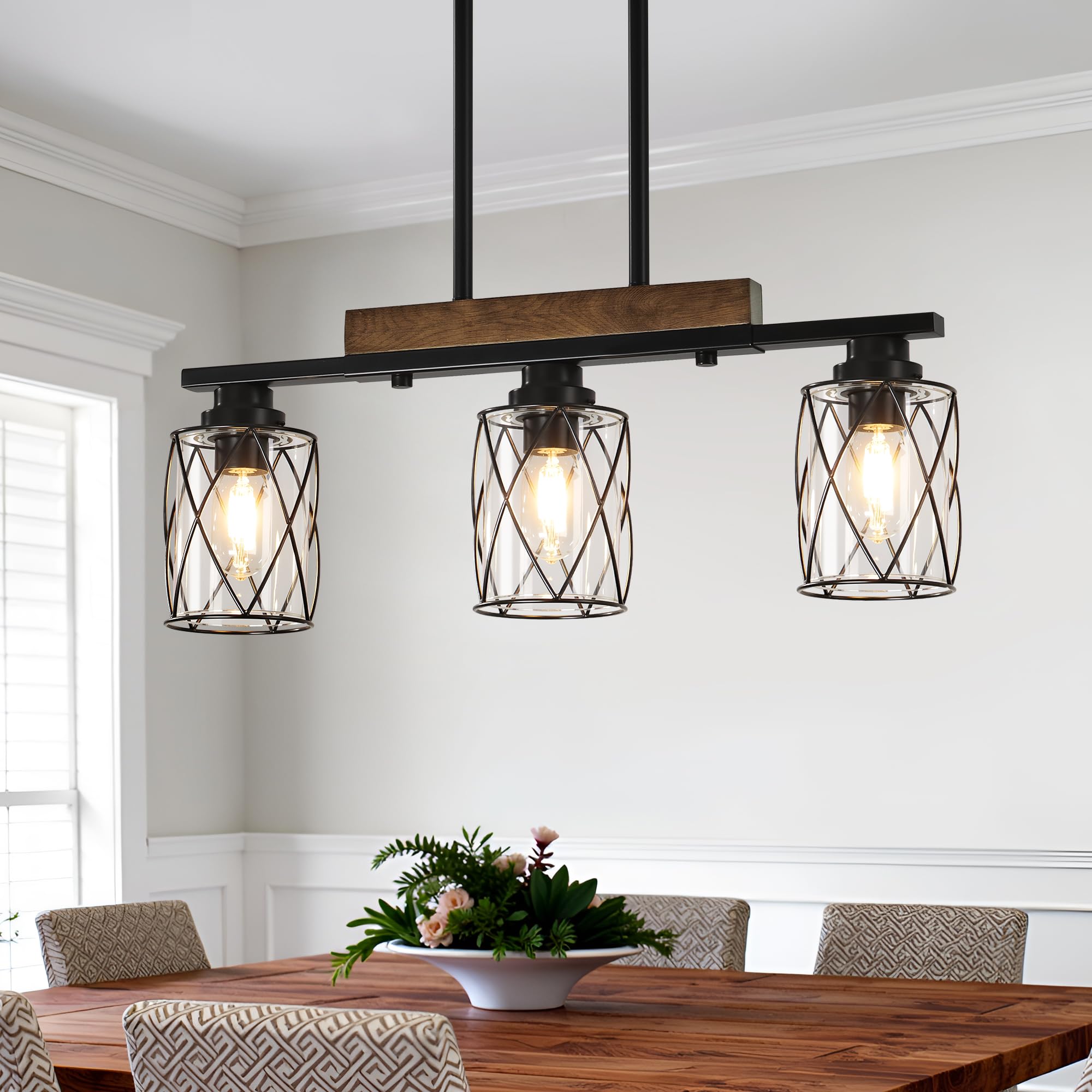 Photo 1 of 3-Light Dining Room Light Fixture/Chandelier Over Table, Island Lighting Hanging for Farmhouse Linear Chandeliers Matte Black Rustic Wood Ceiling Pendant Light Fixtures, with Clear Glass Shade