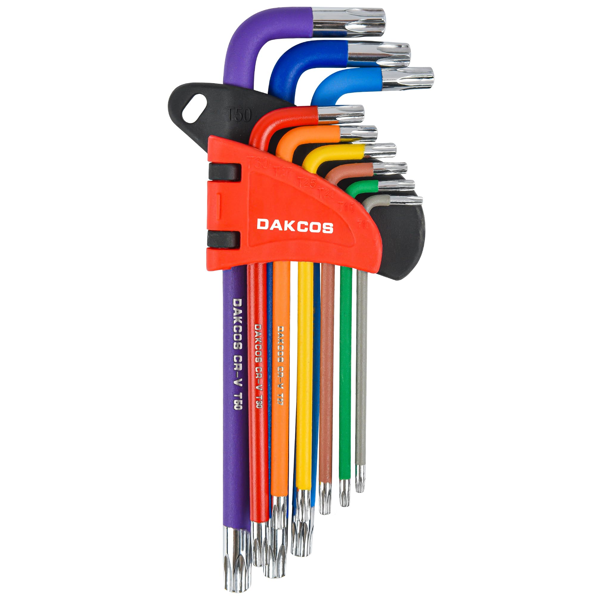 DAKCOS 9 Piece Torx Key Set, T10-T50 Star Wrench Key Set, Torx End with Holes, L-Key with Color Coding