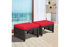 ORALNER Outdoor Ottoman, Set of 2 Wicker Footstools, All-Weather Rattan Foot Stools w/Removable Cushions, Patio Footrest Extra Seating for Porch, Poolside, Garden, Deck, Easy Assembly (Red)