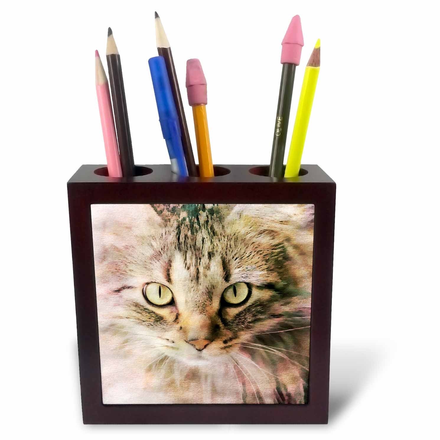 3dRose Cat Watercolor Illustration-Tile Pen Holder, 5-Inch (Ph_266510_1), 5 Inches