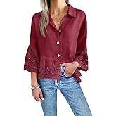 Cicy Bell Womens 3/4 Bell Sleeve Button Down Shirts Casual Ruffle Hem Tops Eyelet Blouse