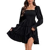 MISMI Women's Square Neck Fall Long Sleeve Shirred Smocked Ruffle A Line Flowy Swing Party Mini Dress Black Medium