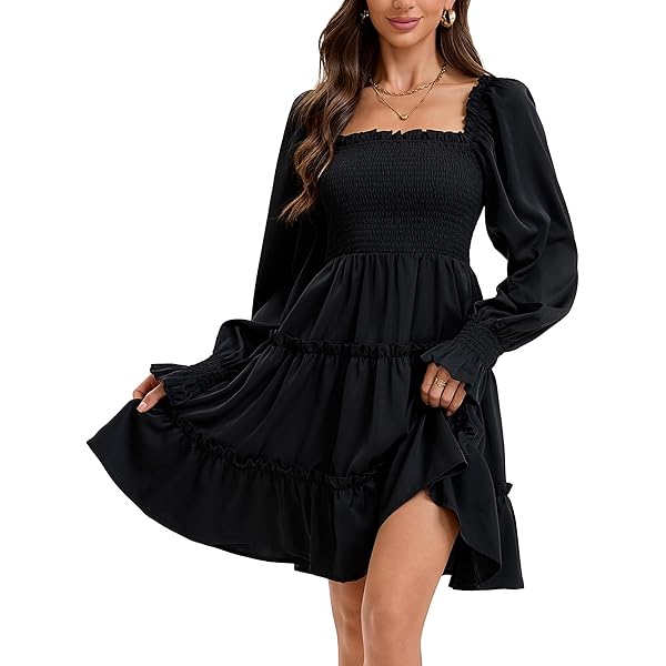 fitted lace wedding dress MakeMeChic Women's Long Sleeve Mock Neck Shirred Frill Trim Ruffle Casual  Short Smock Dress Black A X-Small at Amazon Women's Clothing store