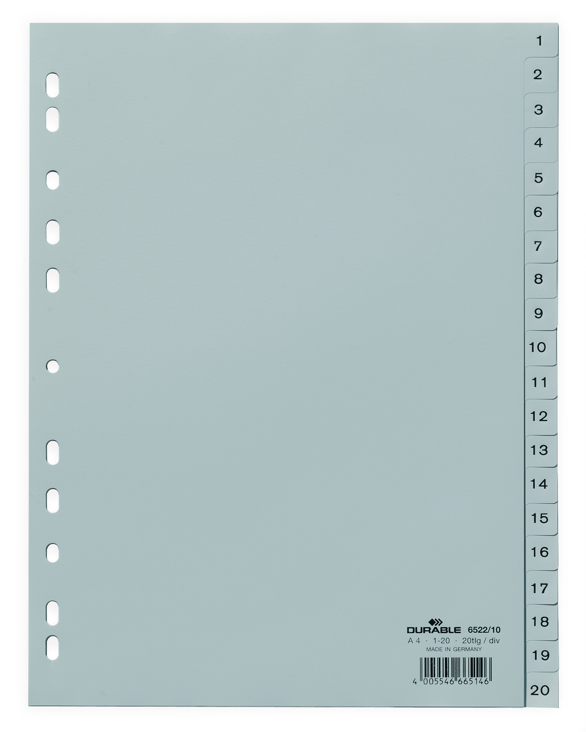 DURABLE Hunke &Jochheim Index Polypropylene 1–20, Grey, A4 215/230 x 297 MM, 20 Sheets
