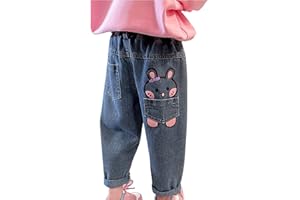 Little Girls Cute Heat Embroidered Jeans Toddler Baby Elastic Waist Denim Pants Kid Loose Fit Casual Trouser with Pocket