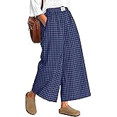 Neer Women's Plaid Gingham Skirt Pants Flowy Oversized Wide Leg Elastic Waist Palazzo Casual Trousers with Pockets