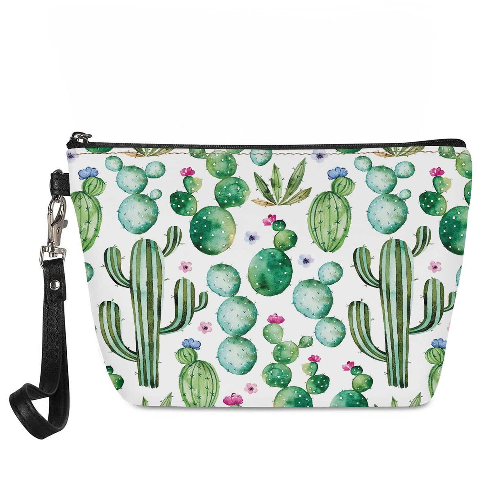 Kuiaobaty Girls Small Handbag Portable Cactus Makeup Bag with Wristlet, Ladies Cosmetic Bag Pouch Organizer Women Travel Toiletry Bag White