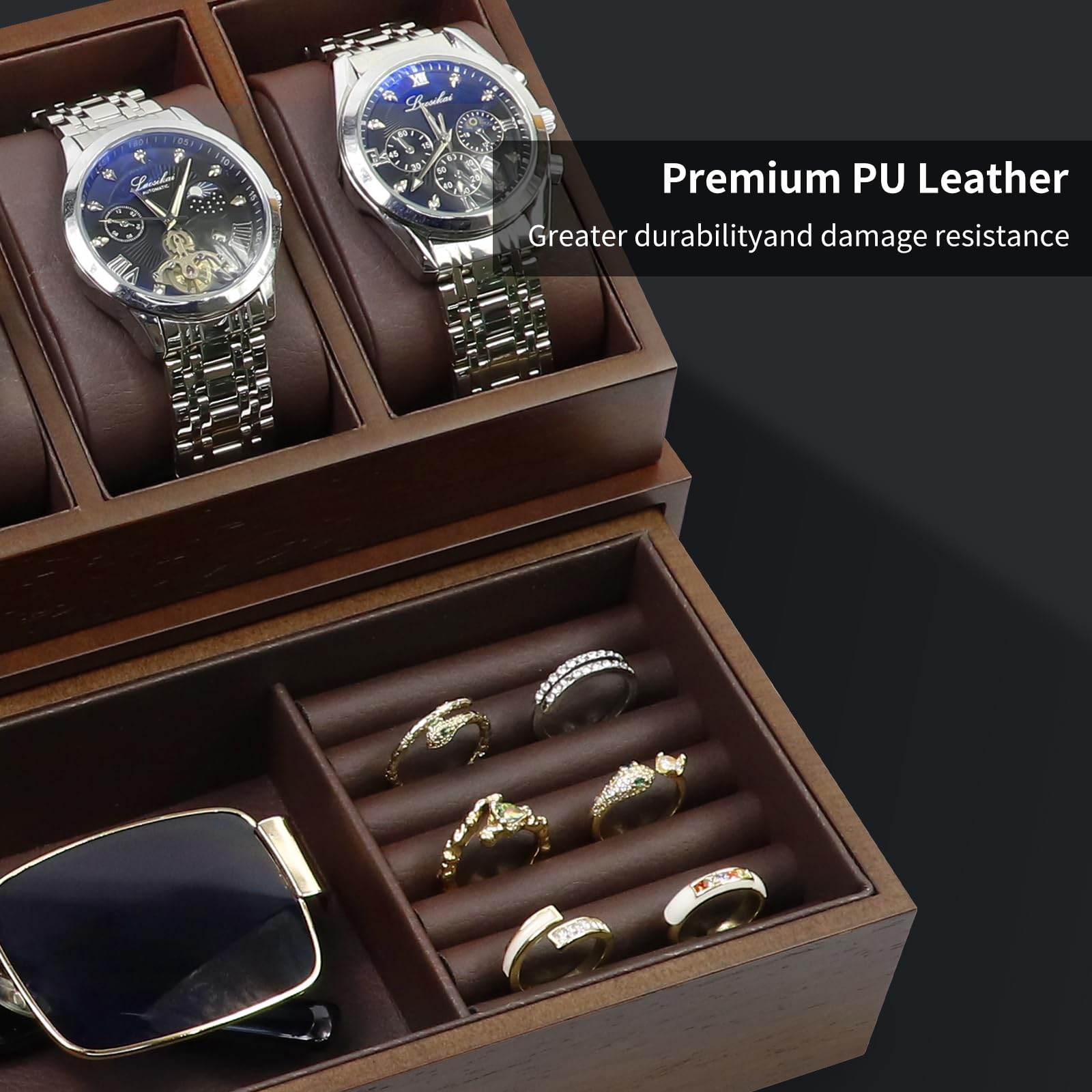 KAMIER High End Wooden Watch Box with 6 Slots & Glass Lid - 2-Layer Jewelry Organizer for Men - Watch Display Case, Ideal Business Gift for Watch Enthusiasts （with Gift Box）, Walnut