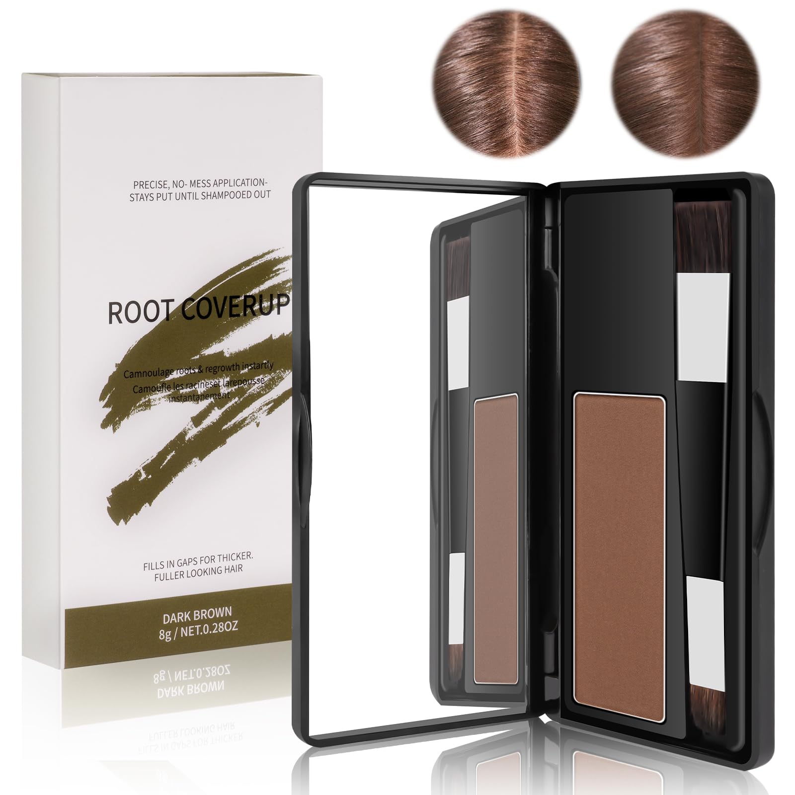 Hair Root Cover Up With Two-Ended Brush and Mirrored Compact - Waterproof Hairline Powder for Men and Women (Dark Brown)