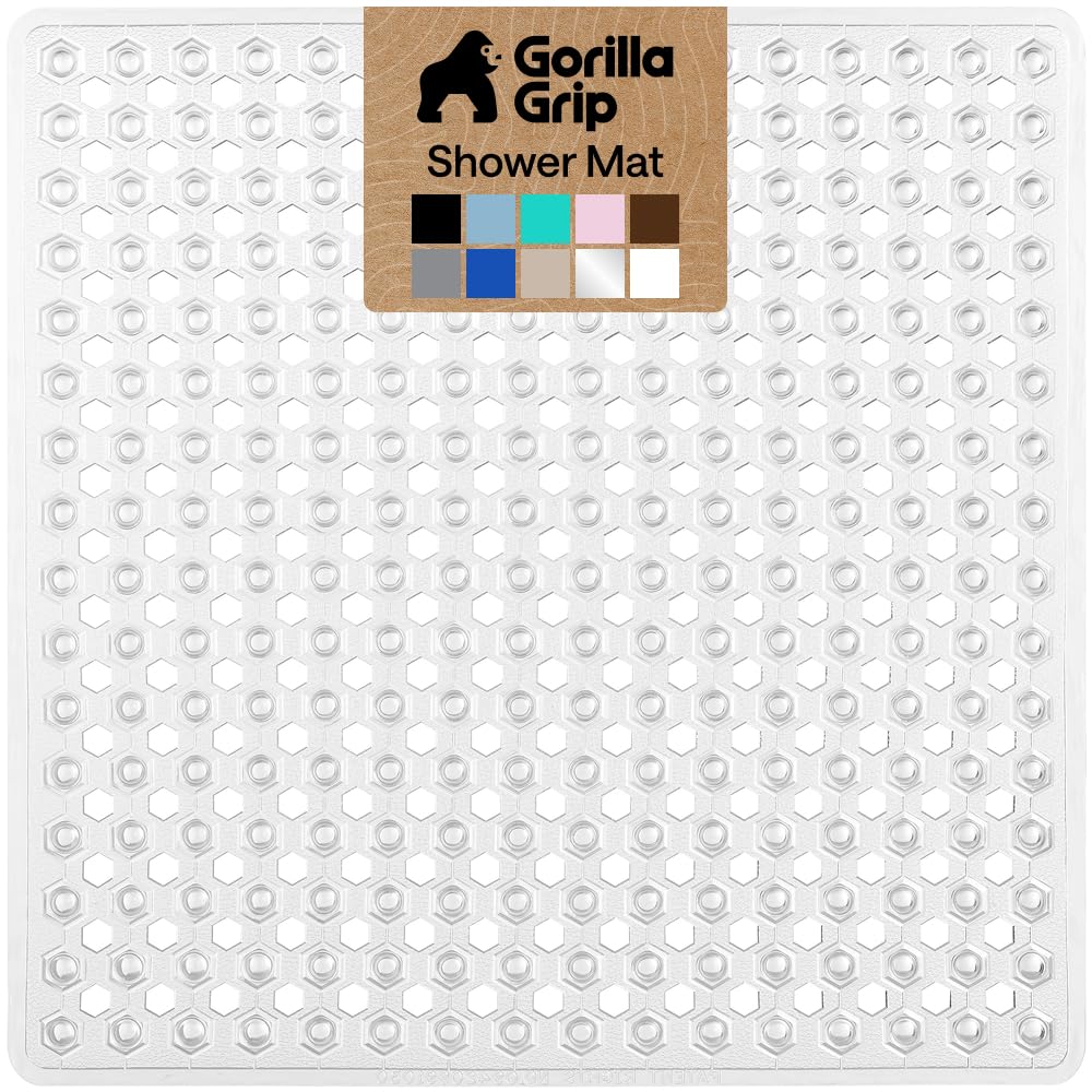 GORILLA GRIP Patented Square Shower Stall Mat, Small Bathtub Floor Mats for Stand Up Showers with Suction Cups and Drainage Holes, Machine Wash, Soft on Feet, Bathroom Accessories 21x21 Inch, Clear