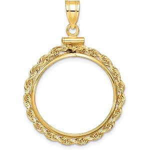 Jewelry Stores Network American Eagle Coin Bezel Pendant in 14 Karat Yellow Gold, Screw Top Petite Knotted Rope Frame, Fits 1