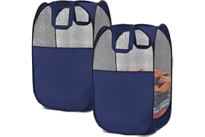 BENJUNC 2 Laundry Baskets, pop-up Laundry Baskets, Foldable mesh Laundry Baskets (Each with 2 Reinforced Handles), Blue ……