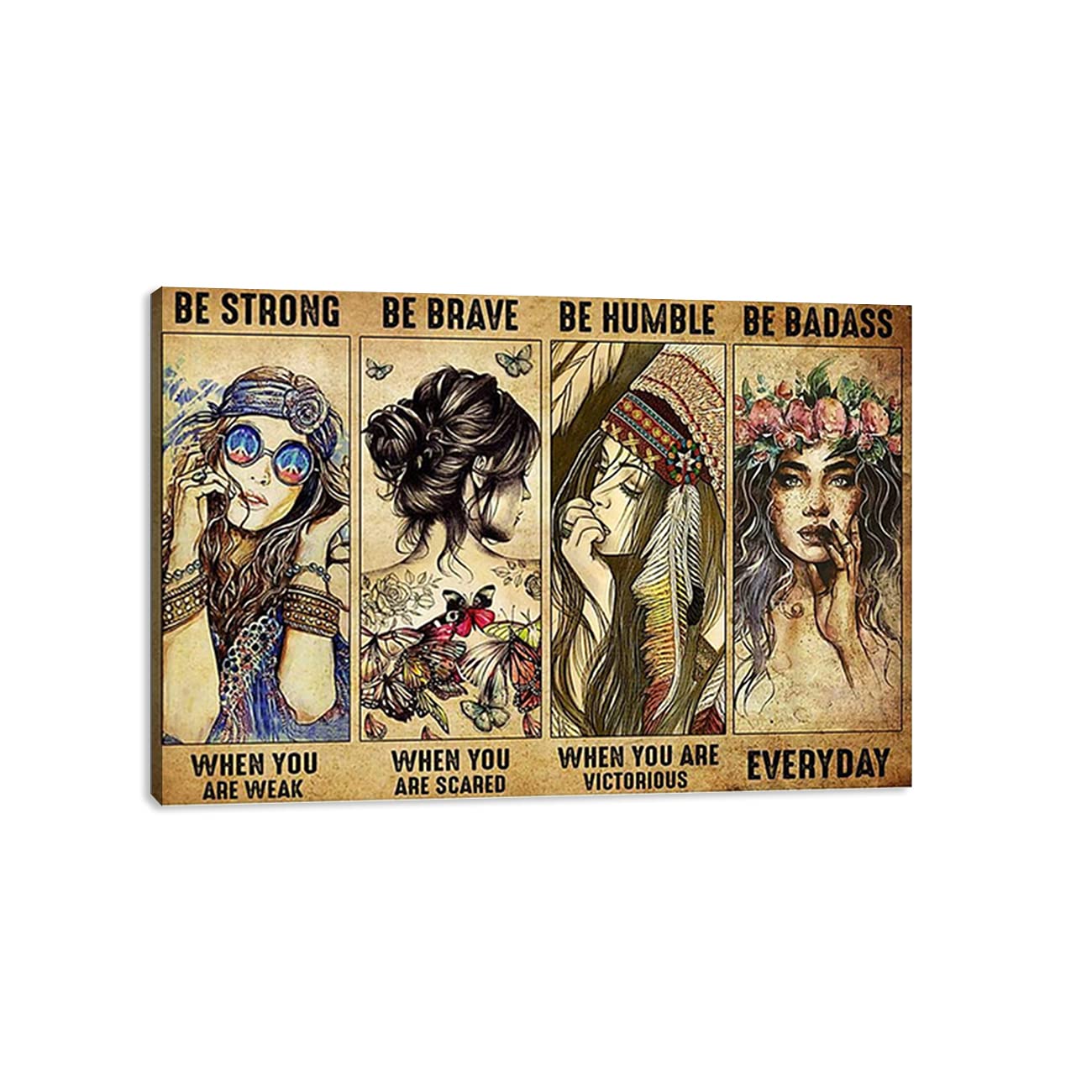 ZHONGYUTONG Inspirational Quote Wall Art Hippie Girls Be Strong Be Brave Be Humble Be Badass Poster Canvas Painting Vintage Girl Picture Home Decor Ready to Hang (12x18inch)