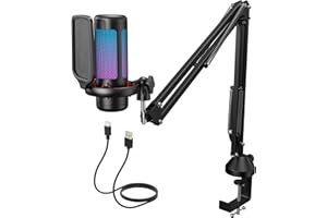 TONOR Gaming USB Microphone Set for PC, RGB Condenser Mic with Boom Arm Quick Mute, Pop Filter, Shock Mount, Gain Control for