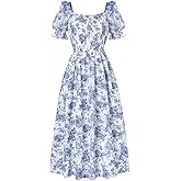Scarlet Darkness Floral Dress for Women Summer Puff Sleeve Square Neck A Line Flowy Wedding Guest Tea Party Dresses
