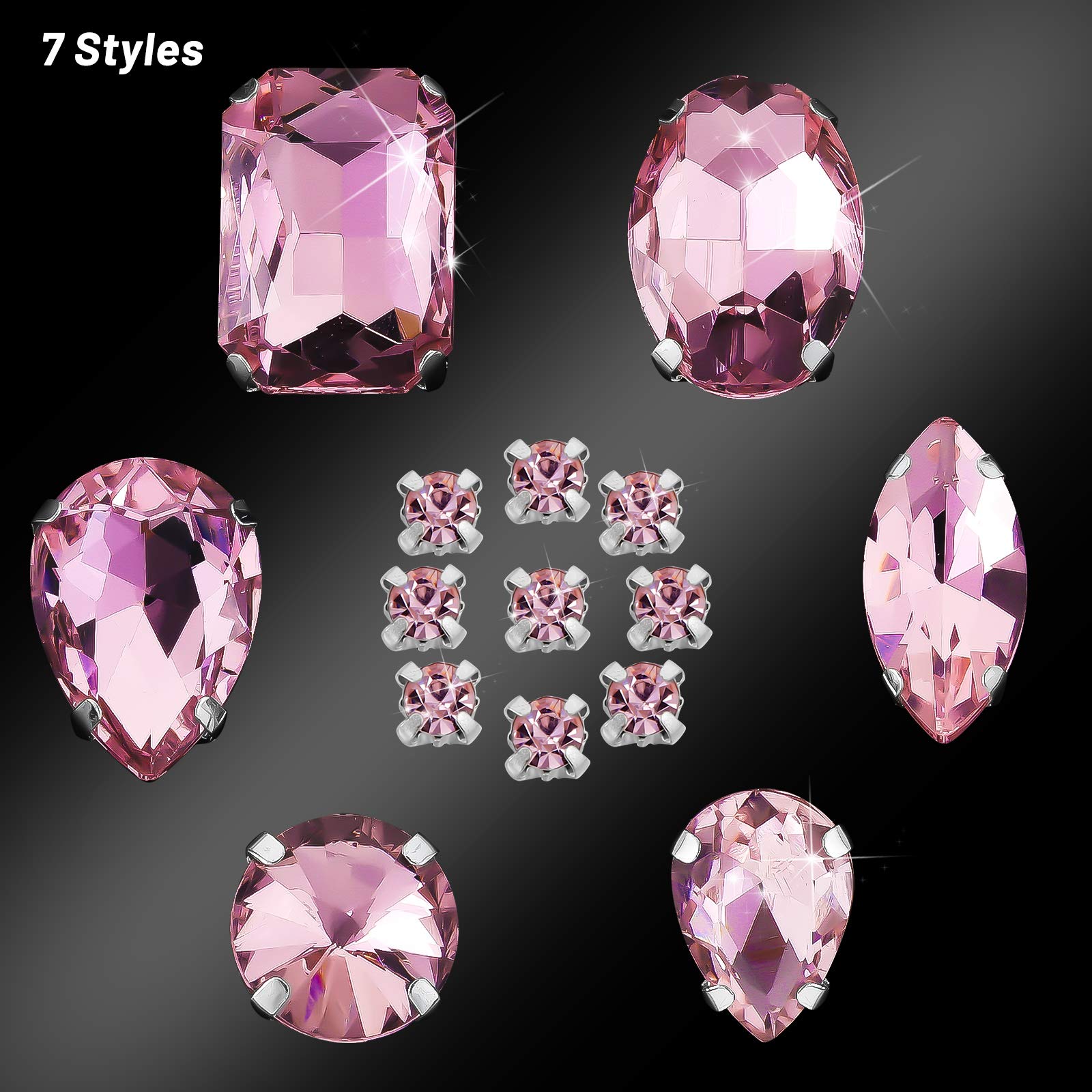 WILLBOND 156 Pcs Sew on Rhinestones Claw Flatback Crystal Rhinestones Metal Prong Setting Gems Acrylic Glass Sewing Gems for Clothes DIY Craft Shoes Dress Jewelry Making(Light Pink)