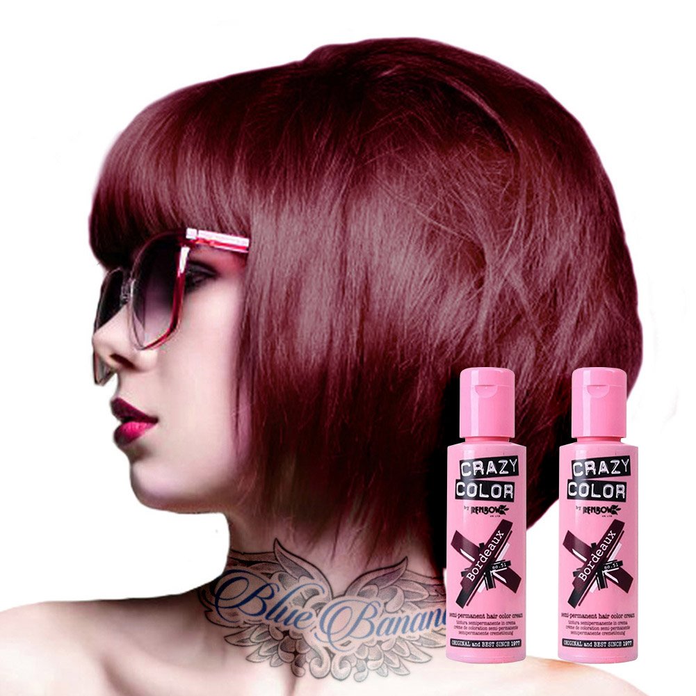 2x Crazy Color Semi-Permanent Hair Dye 2x 100ml (Bordeaux Red)