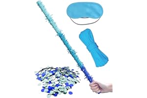 LAKINGO 31.5" Wood Pinata Stick - Durable Pinata Bat with Blindfold, Confetti & Rope - Fun Pinata Buster for Kids' Parties, Birthdays & Celebrations(Blue)