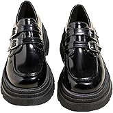 Women's Adjustable Double Buckle Platform Loafers,Classic Chunky Heel Lug Sole Loafers Comfort Round Toe Slip-on Business Work Penny Shoes for Women