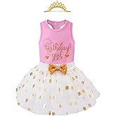 LYSMuch 1-12Y Toddler Girls Birthday Tulle Skirt Tank Top Shirt with Crown Three-Piece Clothes Set